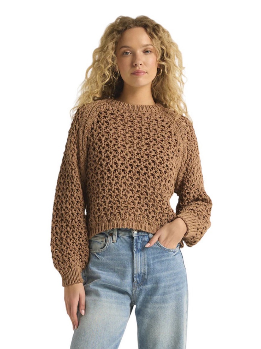 Z Supply Open-Knit Scoop Neck Sweater in Light Brown